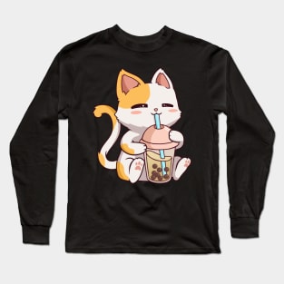 Boba Tea Bubble Cat Kawaii Neko Anime Cute Cat Boba Long Sleeve T-Shirt